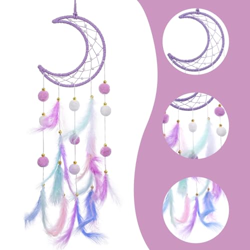 QFGasre Dream Catcher Wall Hanging Set, 2 Pcs Purple Dream Catchers Wall Decor Feather Hanging Ornaments Moon Star Design Dreamcatcher for Girls Bedroom Room Decor Birthday