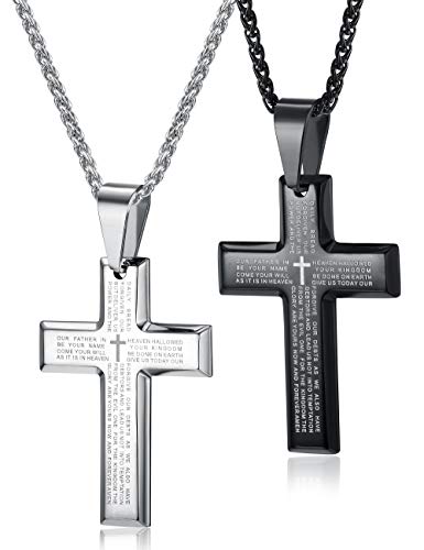 LOYALLOOK 2pcs Men's Stainless Steel Silver Black Tone Cross Pendant Lord's Prayer Necklace 24 Inch