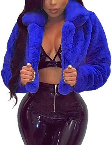Fashion Women Coat Fluffy Fleece Turn-Down Collar Faux Fur Top Short Loose Coat Blue