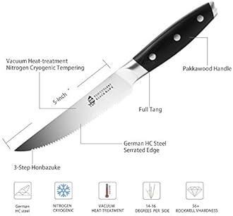 TUO Serrated Steak Knife - 5 inch Professional Kitchen Steak Knife Set 4 - Table Dinner Knife - German HC Stainless Steel Non Slip Pakkawood Handle - BLACK HAWK SERIES Including Gift Box