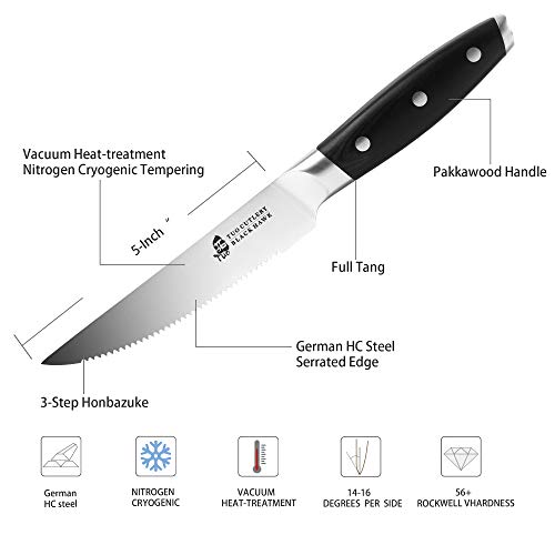 TUO Serrated Steak Knife - 5 inch Professional Kitchen Steak Knife Set 4 - Table Dinner Knife - German HC Stainless Steel Non Slip Pakkawood Handle - BLACK HAWK SERIES Including Gift Box