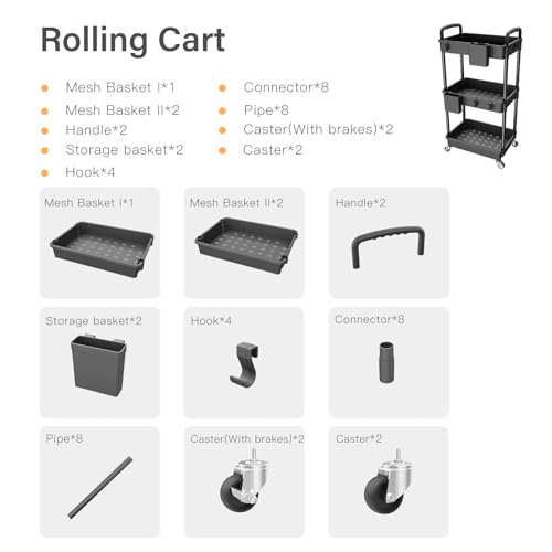 Image of 3 Tier Rolling Utility Cart with Handle,REBECAT Utility Cart Made of Multifunctional Storage Organizer Tool for Kitchen,Bathroom,Living Room,Office(Black)