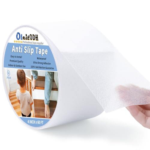 Image of Oleitodh Clear Non-Slip Tape, 4In x 60Ft, Transparent Safety Grip | Non Slip Traction Tape for Stairs, Wet Surfaces, Bathroom Entry, Boat, Outdoor Steps. Invisible, Comfortable Barefoot Texture