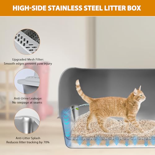 Edelstahl-Wurfkiste, XXL-Sieb-Wurfkiste für Kiefernpellets, Hochseiten-Metall-Wurfkastensystem für Großkatzen mit Kunststoffschaufel &10 Urinpads (8 Inch)