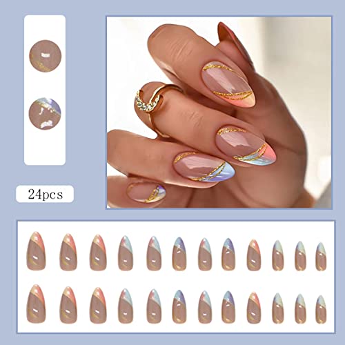 24 Pcs Line Press On Nails Short, Oval Shape Fake Nails Almond Glossy Short False Nails Gradient French Stripe Wave Glue On Nails Artificial Finger Manicure Press On Nails For Women And Girls #TOP1