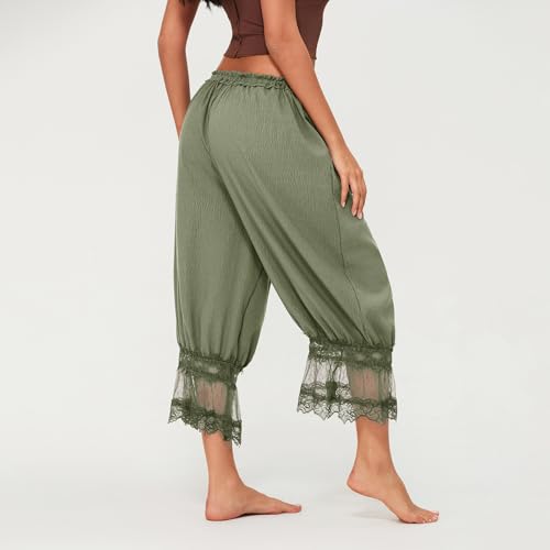 Image of KOSUSANILL Women Long Bloomer Pants Lace Trim Ruffle Pantaloons Cropped Lounge Pajama Bottoms Y2K Capri Pettipants