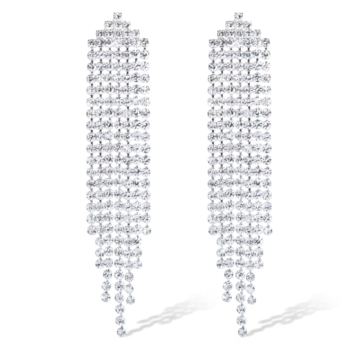 Pendientes de Borla de Diamantes de Imitación para Mujer, Kucheed Pendientes Colgantes de Plata Brillante Pendientes Largos de Candelabro de Cristal, Joyas Colgantes con Flecos de Diamantes (B1)
