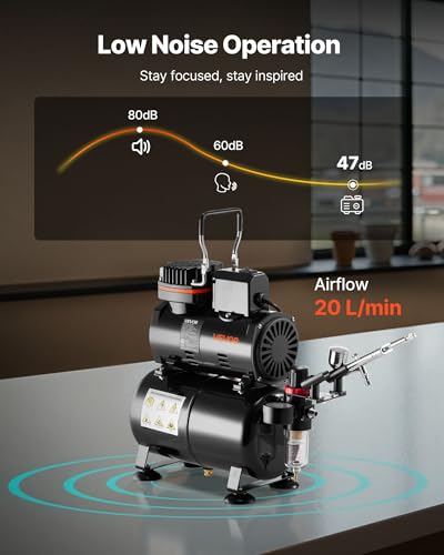 Image of VEVOR Airbrush Kit, 1 /6 HP, Air Brush Kit with Air Compressor and Tank, 1 Dual-Action Professional Airbrush with 3 Tips, Acrylic Paint, Low Noise, for Cake Decorating, Model Painting, Nail Art