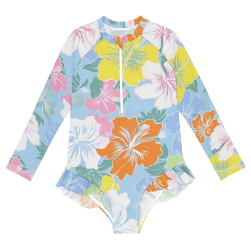 ALAZA Toddler Swimsuit Girl Bathing Suit Swimwear Rash Guard Colorful Hibiscus Flowers Long Sleeve 3T