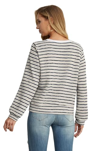 Image of Women's White Apricot Choco Casual Dressy Stirped Cardigan with Patch Pocket Sweaters Crew Neck Lady Lightweight Jacket 2024 Fall Winter Size M