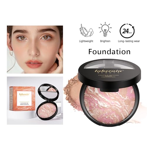 Image of Baked Foundation Contour Bronzer, Powder Foundation Makeup Brighten, Face Highlighter Color Corrector Buildable Full Coverage Natural Smooth Lightweight, Porcelain
