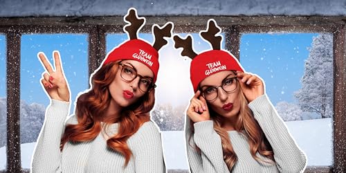 tshirtladen TEAM GLÜHWEIN Wintermütze S/M mit Rentiergeweih – rote Strickhaube bestickt – witzige Weihnachtskopfbedeckung für kleine Köpfe oder engen Sitz