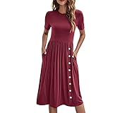 Saymany Damen Kleider Sommer Kurzarm Shirtkleider Kurz Sommerkleider Leicht Freizeitkleid mit Taschen Blusekleid Pulloverkleid Rundhals Kleid mit Knöpfe Einfarbig Tshirt Kleid