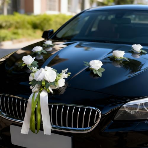 CusDusk Car Wedding Decoration Garland, Artificial Floral Bouquet with Ribbons, Just Married Front...