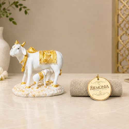 Image of ARMONIA Kamdhenu Cow with Calf Idol for Home Decoration | Dust Marble Finish Polyresin Gau Mata Statue | Vastu & Feng Shui Good Luck Showpiece for Living Room, Pooja Room | Wedding & Housewarming Gift