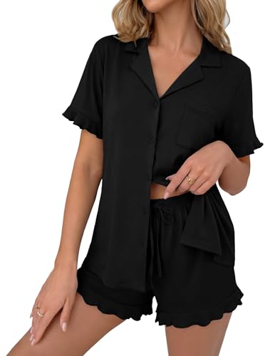 Ekouaer Schlafanzug Damen Kurz Shorty Pyjama Set Kurzarm Sommer Zweiteiliger Hausanzug Nachtwäsche Sleepwear Bedruckter Loungewear mit Knopfleiste Schwarz L