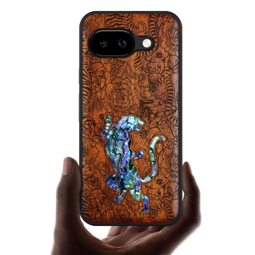 Carveit Madera Funda para Google Pixel 9a Compatible con MagSafe [Grabado en Madera e incrustación de mejillones] Magnética Cover para Pixel 9a Carcasa (Rosa-Un Tigre en Medio de Flores)