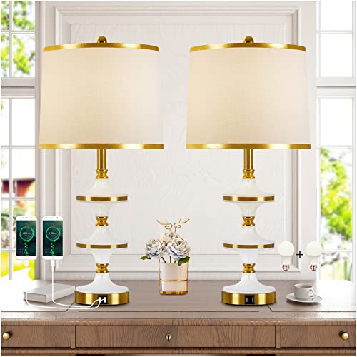 Kivditzo 27.5" Tall Table Lamps Set Of 2 With Usb Ports Touch Control Switch White Linen Fabric Shade With Gold Trim Bedside Lamp For Living Room Bedroom Home Office Dining Room(Led Bulb Included) #TOP18