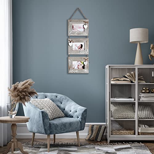 Yaetm Live Laugh Love Collage Hanging Picture Frame 4X6, Solid Wood 3 Photo Frames Set, Wall Mount Verticval Display, Rustic Grey #TOP6