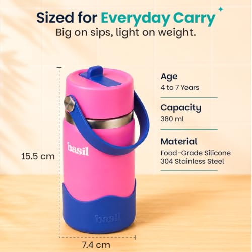 Image of Basil HydraFizz Stainless Steel Insulated Kids Water Bottle for School, 380ml Leakproof Bottle with Straw & Carry Handle, Double Wall Vacuum Thermosteel Bottle for, Sports, Travel & Outdoor Use | Reef