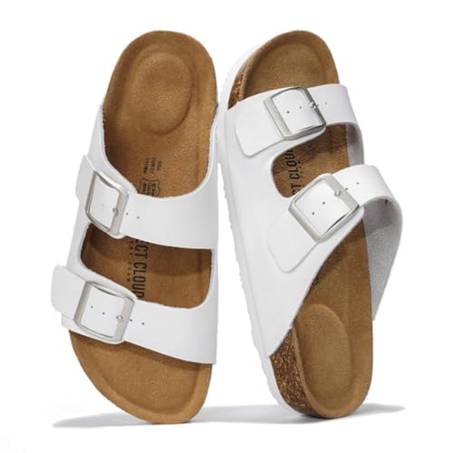 Project Cloud 100% Genuine Leather Flat Sandals For Women 2026 Cork Footbed Womens Sandals with Memory Foam and arch support Vacation Essentials Slides for Women Footwear (Venita, White, 8)