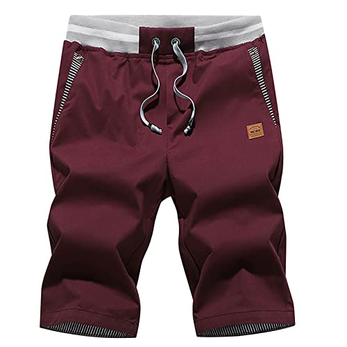JustSun Mens Shorts Casual Classic Fit Cotton Summer Beach Shorts with Elastic Waist and Pockets Dark Wine red Large by JustSun - Used condition - US$18.99