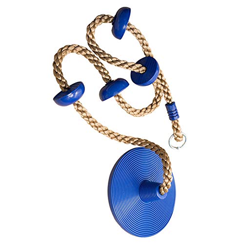 Columpio de escalada, columpio de cuerda con soporte de pie plataforma y asiento de disco para niños al aire libre, árbol, patio de recreo, columpio, azul