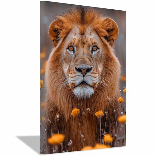 Tableau de décoration murale lion brun 30x45cm avec cadre pour salon moderne