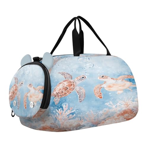 Turtle Coral Blue Kids Travel Duffel Bag for Boys Girls Overnight Weekend Tote Bag with Shoes Compartment for Dance Gym Sports