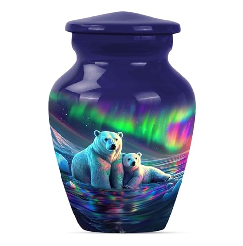 Image of Northern Lights Polar Bear Urn for Adult Ashes Male & Female - Large & Keepsake Memorial Urns for Human Ashes - Elegant Aurora Borealis Themed Burial Urns - Decorative Urn (1 Large 4 Keepsake)