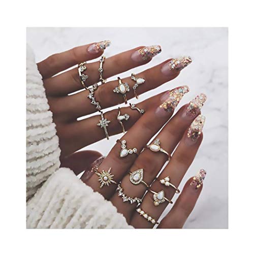 Campsis 16PCS Gold Vintage Women Ring Sets Crystals Knuckle Stacking Multi Size Rings Boho Mid Ring for Women and Girls