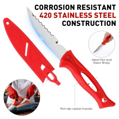 Image of RoundFunny 10 Pcs Fishing Tool Kit, Fishing Pliers with Lanyard and Protective Sheaths, Landing Net, Fillet Knife, Fish Scale, Gripper, Hook Remover, Braid Scissors, Gloves for Men Dad Gift