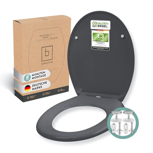 BENKSTEIN Premium Toilettendeckel antibakteriell oval dunkelgrau - Duroplast Klodeckel mit Quick-Release-Funktion & Softclose Absenkautomatik - Toilettensitz aus rostfreiem Edelstahl abnehmbar WC Sitz