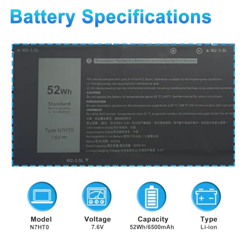 Image of N7HT0 Laptop Battery for Dell Latitude 9510 9520 /9520 2-in-1 | P94F P95F P95F001 P94F001 Series TVKGH V5K68 N2NLL 08NFC7 N2NLL N7HTO 0PKW00 7.6V 52Wh 6500mAh 4-Cells (12 pin)