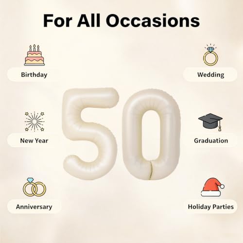 Image of Number Balloons for Birthday Decorations - 40 Inch Large Party Balloons 50, Cream Foil Number Balloons for Boys Girls, Balloons for Party Supplies