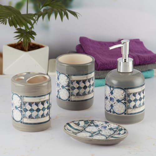 Image of Kookee Ceramic Bathroom Set - Stylish 4 Piece Bath Accessories Kit with Soap Dispenser, Toothbrush Holder, Tumbler & Soap Dish - Modern & Designer Decor for Home & Guest Bathrooms, Grey /Blue (9734)