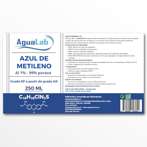 Bleu de méthylène 1% en solution de 250 ml pureté 99% avec sa seringue doseuse précise