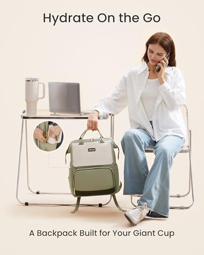 Image of LOVEVOOK Laptop Backpack for Women with Giant Tumbler Holder Pocket, 15.6 inch Travel Work Backpack Purse for Nurse Teacher, Waterproof Bag College Bookbag Casual Daypack Green