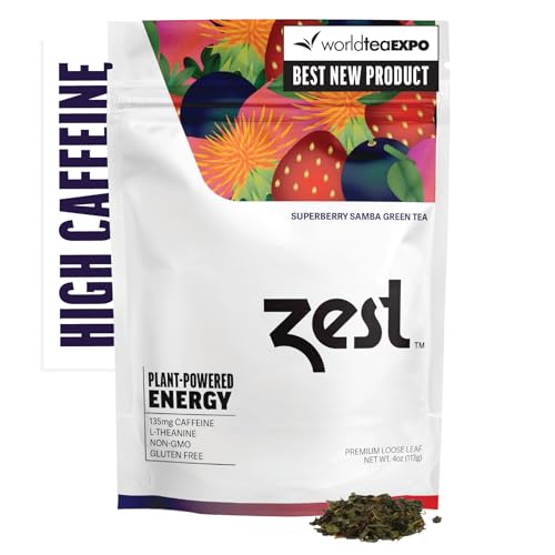 Zest Energy Green Tea - Superberry Samba Loose Leaf - High Caffeine Strawberry &amp; Passion Fruit - Caffeinated Coffee Altnernative with Antioxidants - Natural, Non-GMO &amp; Keto - 50 Servings - 135mg Caf
