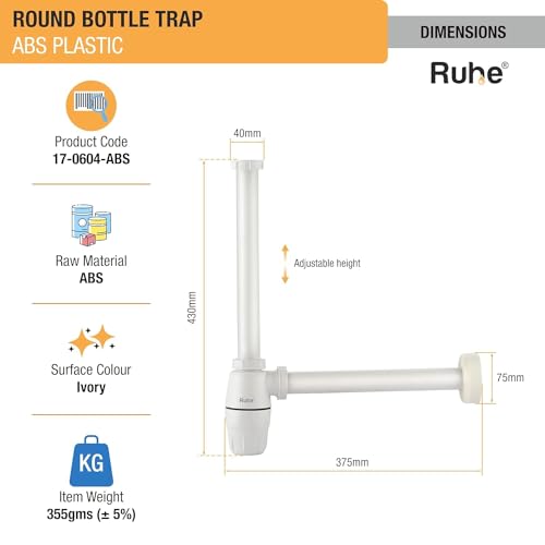 Image of Ruhe ABS Bottle Trap for Washbasin | Matte Finish Bottle Trap with Wall Flange and 12 Inches Pipe | Round | Ivory