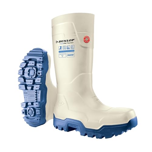 Dunlop FieldPRO Thermo+ - Botas de agua de seguridad completa, unisex, ligeras y aisladas en frío, botas de trabajo resistentes con puntera compuesta, Purofort, blanco/azul - UE 49, UK 14, blanco/azul