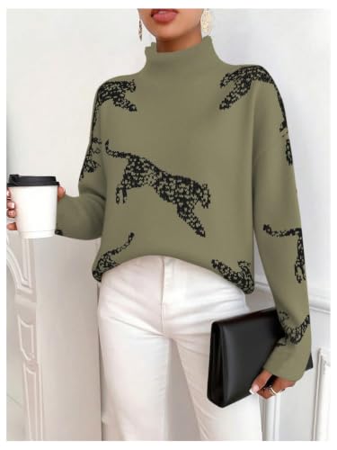Image of WDIRARA Women's Leopard Tiger Print Sweater High Neck Long Sleeve Fuzzy Knitted Pullover Top