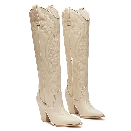Image of VOMIRA Knee High Cowboy Boots for Women Pointed Toe Chunky High Heels Pull-on Embroidered Boots Western Boots Wide Calf Cowgirl Boots