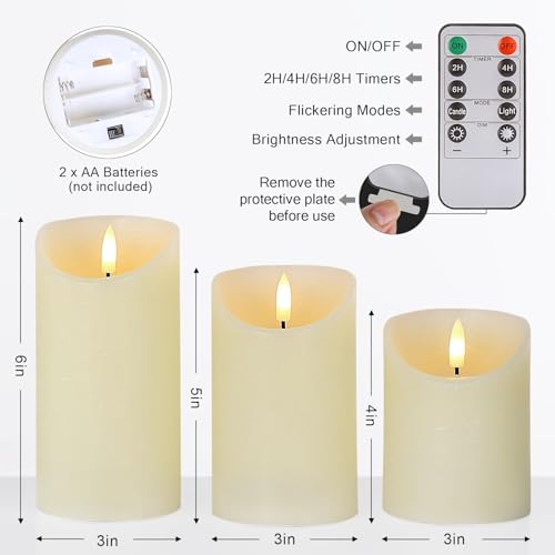 Image of Flameless Candles with Remote, Real Wax Battery Operated Candles with Timer, 3D Wick Ivory Fake LED Candles for Christmas Gifts Home Decor Party Wedding, D3 x H4 /5 inch /6 inch, Set of 3