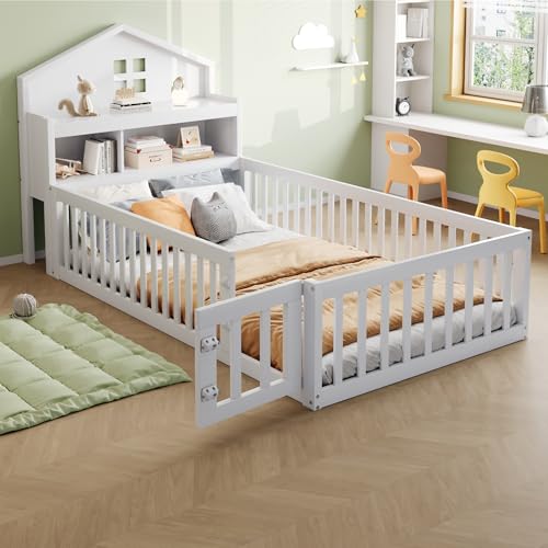 Soweiz Cama para niños de 90x200 cm, Estructura de Cama Infantil de Madera Maciza, barandilla con estantes y Espacio de Almacenamiento, con Rejilla de protección y Puerta