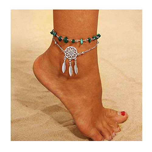 Edary Boho Turquoise Anklet Feather Ankle Bracelet Silver Foot Accessories for Women and Girls