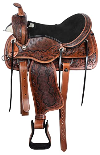 Acerugs 14 15 16 17 18 Pleasure Trail Western Barrel Racer Leather Horse Saddle Hand Tooled Headstall Reins Breast Collar (16) #TOP5