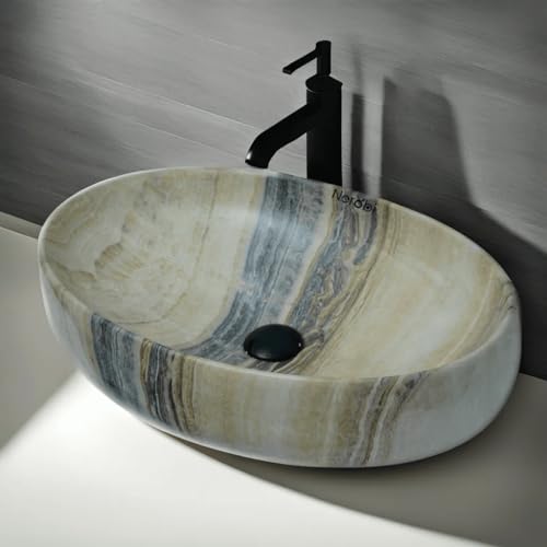 Image of Designer Counter Top Wash Basin | Tabletop Ceramic Bathroom Sink | Wash Basin Over Counter | Wash Basin For Bathroom, Living Room (24 x 15 x 6 Inch) (Glossy Beige N Black Strip)