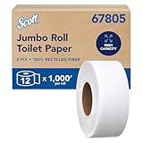 Scott Professional 100% Recycled Fiber High-Capacity Jumbo Roll Bulk Toilet Paper (67805), 2-Ply, White, Non-Perforated (12 Rolls at 1,000' Each, 12,000'/Case)