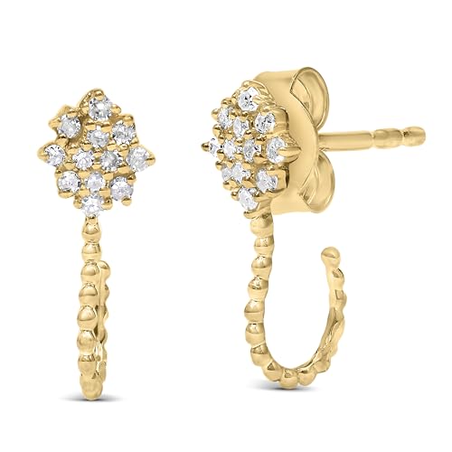 14K Yellow Gold Plated .925 Sterling Silver 1/10 Cttw Diamond Floral Cluster and Beaded Hoop Stud Earrings (H-I Color, I1-I2 Clarity)